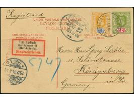DIVERSES: "Vom Auslande über Bahnpost 21 (Hof-Leipzig). Eingeschrieben", gezähnter R-Zettel auf Postkarte von Colombo, Ceylon
