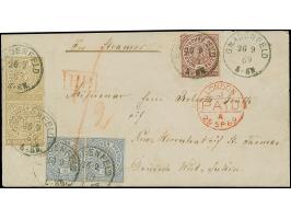 ¼ Gr. bräunlichlila und 5 Gr. ocker im senkrechten Paar, in Mischfrankatur mit gezähnter Ausgabe 2 Gr. ultramarin im waagerec