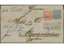 1 Gr. karmin und 2 Gr. ultramarin, mit auf- und nebengesetztem Ra3 "GRÜNBERG I. SCHLESIEN 29 1 69"auf Briefhülle über Triest,