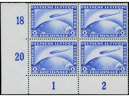1928, Zeppelin 2 und 4 M. jeweils im Viererblock aus der linken unteren Bogenecke, postfrisch, in tadelloser Erhaltung, unsig