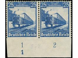 1935, Eisenbahn 25 Pfg. unten ungezähnt im waagerechten Unterrandpaar mit Formnummer “1”, ungebraucht mit Gummifehlern. Das P