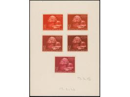 1942, Heldengedenktag 12 Pfg. als Farb-Probedruck mit Linienzähnung, fünf Proben in verschiedenen Rottönen auf Vorlagekarton 