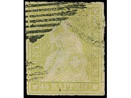 1854, 1. Münchner Druck 40 Rp. mittelgelboliv, allseits weißrandig, entwertet durch schwarze Raute und Teil eines Rundstempel