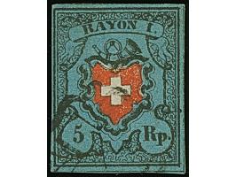 1850, Rayon I, 5 Rp. Mit Kreuzeinfassung, farbfrisch und voll- bis breitrandig, leicht entwertet durch Rosette. Einwandfrei. 