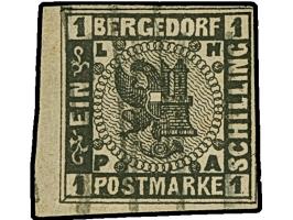 1861, 1 Sch. schwarz, allseits breitrandig, aus der Bogenecke eines Umdruckblockes stammend, mit ca. 1-2 mm Bogenrändern, sau