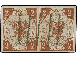 2 Sch. rötlichbraun im waagerechten Paar, farbfrisch und allseits breitrandig, sehr schön entwertet durch vollständig mittig 