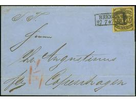 1860, 7 Grote auf rötlichgelb, farbfrisch und voll- bis meist breitrandig, mit sauber aufgesetztem Ra "BREMEN 27 7" auf Brief