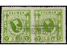 5 Sgr. dunkelgelblichgrün auf gestrichenem Papier, waagerechtes Paar, farbfrisch und üblich durchstochen, leicht entwertet du