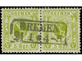 5 Sgr. dunkelgrünlicholiv auf gestrichenem Papier, waagerechtes Paar, farbfrisch und gut gezähnt, sauber entwertet durch zent