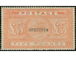 1882, £5 orange on blued paper, AA, handstamped "SPECIMEN", type 9, very good colour, mostly very good perforations, unused w