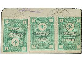 1920, Religious Tribunals Fiscal pair and single 1 pia. emerald, all tied by ‘BOZYÜK 10.3.21’ cds. to piece, no cuts, fine an