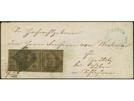 10/4 Ggr. auf graubraun im waagerechten Streifen, links und rechts unten leicht berührt, mit Nr. "47" und nebengesetztem blau