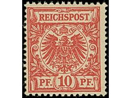 10 Pfg. dunkelrosa (gelblichorange quarzend), ist farbfrisch und sehr gut gezähnt. Die farbfrische Marke ist in tadelloser Er