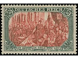 5 M. grünschwarz/dunkelkarmin (karmin bis bräunlichlila quarzend), Zähnungslöcher 25 : 16, farbfrisch und normal gezähnt, ung