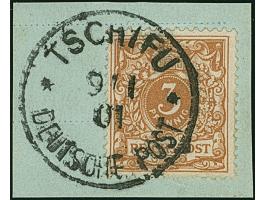 1900, Krone/Adler 3 Pfg. hellockerbraun mit Stempel “TSCHIFU DP 9.1.01” auf Briefstück in tadelloser Erhaltung. Die farbfrisc