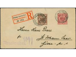 Krone/Adler 10 Pfg. lilarot (hellzinnober quarzend) in Mischfrankatur mit Diagonalaufdruck 50 Pfg. jeweils mit klarem EKr. “P