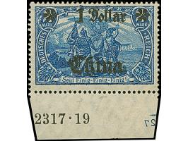 1906/19, 1 Dollar auf 2 M. Kriegsdruck, Zähnungslöcher 25:17 mit glänzendem Aufdruck nach rechts und Abstand 11 mm, Unterrand