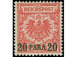 1889, 20 Pa. auf 10 Pfg. mittel(karmin)rot (dunkelgelb quarzend), ist farbfrisch und gut gezähnt. Die postfrische Marke ist i
