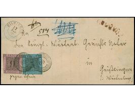 9 Kr. auf lilarosa, in Mischfrankatur mit 1858, 3 Kr. auf blau, erstere etwas stärker angeschnitten, mit Nr. "60" und nebenge