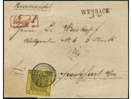 "169" auf 6 Kr. auf gelb, voll- bis breitrandig, mit sauber nebengesetztem L2 "WERBACH 18 SEP" (1857) auf recommandirter Brie