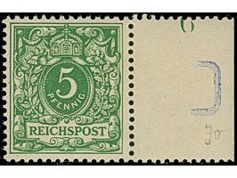 Krone/Adler 5 Pfg. gelblichgrün, farbfrisch und sehr gut gezähnt mit rechtem Seitenrand mit der Formnummer “6”. Die postfrisc