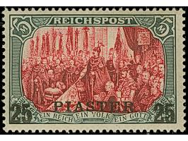 1900/04, Reichspost 25 PIASTER auf 5 M. in Type I ohne Nachmalung. Die farbfrische und sehr gut gezähnte Marke ist ungebrauch