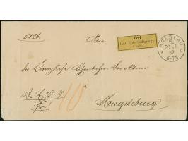 1874, Eisenbahn-Gebührenzettel der OPD Breslau “Frei laut Entschädigungs-Conto” schwarz auf gelb, oben lupenrandig, ansonsten