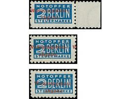 2 Pfg. (dunkel)blau gezähnt L 11¾ und mit Wasserzeichen 3X, drei Exemplare mit den Aufdruckfarben rot, dunkelkarminrot und Ka
