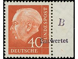 1960, Heuss II 40 Pfg. Probedruck in Bräunlichrot auf fluoreszierendem Papier, Randstück mit Handstempel “Entwertet” und “B”,
