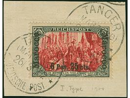 1900/03, 6 Pes. 25 cts auf Reichspost 5 M., Type I ohne Nachmalung mit Stempel “TANGER (MAROCCO) DP 26.3.02” auf Briefstück. 