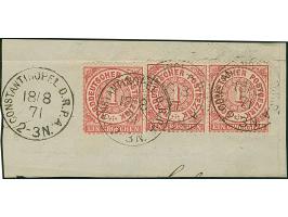 1870, NDP 1 Gr. gezähnt. drei Einzelmarke je mit klarem EKr. “CONSTANTINOPEL D.R.P.A. 18.8.71” auf Briefstück mit weiterem St