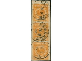 1890, Krone/Adler 25 Pfg. gelborange im senkrechten Dreierstreifen, jeweils einzeln mit Stempel “KAMERUN 14.9.94” entwertet a
