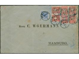 1888, 10 Pfg. dunkelrosarot, drei waagerechte Paare in Mischfrankatur mit Krone/Adler 20 Pfg. mittelultramarin je mit Stempel