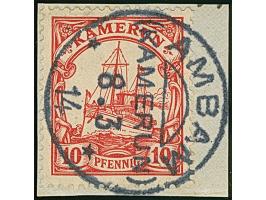 “AMBAM (KAMERUN) 8.3.14” sehr klar und komplett auf Kaiseryacht 10 Pfg. mit Wasserzeichen auf Briefstück in tadelloser Erhalt