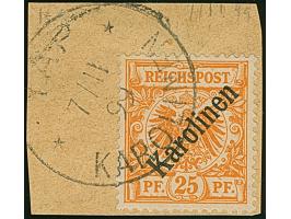 1899/1900. Diagonalaufdruck 25 Pfg. gelblichorange mit Stempel “YAP KAROLINEN 7.11.99” auf Briefstück. Die farbfrische Marke 