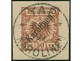 1899/1900. Diagonalaufdruck 50 Pfg. mit Stempel “YAP KAROLINEN 6.11.99” (Sorte II) auf Briefstück. Die farbfrische Marke ist 
