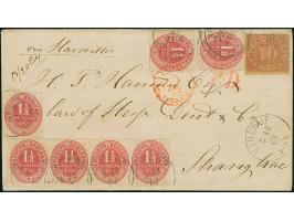 1865/67, 1⅓  Sch. lebhaftrotkarmin, waagerechter Vierer-Streifen und 3 Einzelmarken in Mischfrankatur mit Preußen 10 Silbergr