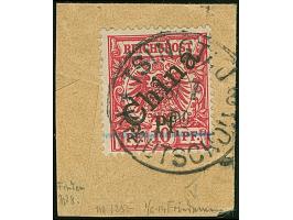 1900, 5 Pf auf 10 Pfg. mit diagonalem Aufdruck, Aufdrucktype 1, klar mit Stempel “TSINTAU KIAUTSCHOU *a 28.7.00” auf Briefstü