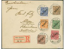 1899/1900, Diagonalaufdruck 3-50 Pfg. komplett je mit Stempel “SAIPAN MARIANEN 1.4.oo” auf überfrankiertem R-Brief nach Alzey