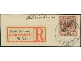 1899/1900, Steilaufdruck 50 Pfg. mit Stempel “SAIPAN MARIANEN 1.4.oo” auf Briefstück mit R-Zettel “Saipan”. Die farbfrische M