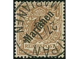 1899/1900, Steilaufdruck 3 Pfg. mit Stempel “SAIPAN MARIANEN 27.1.00”, rückseitig mit Tintenspur. Die farbfrische Marke ist i
