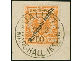 1899, Berliner Ausgabe 25 Pfg. gelblichorange mit klarem Stempel “MARSHALL-INSELN 2.2.00” auf Briefstück in tadelloser Erhalt