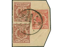 1890, Krone/Adler 50 Pfg. (lebhaft)braunrot, zwei Einzelmarken und 10 Pfg. lebhaftrosarot mit klarem Stempel “APIA KDPAg 19.7