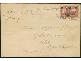 1905, ½ Dollar auf 1 M. ohne Wasserzeichen mit Aufdruckabart “linke Rosette auf einer Spitze stehend”, mit Stempel “TSCHIFU D