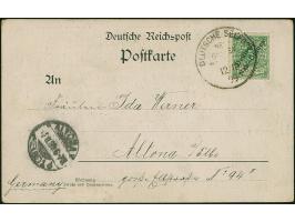 “DSP NEU-GUINEA-ZWEIGLINIE *b 12.10.99” (Dampfer Stettin) recht klar auf Ausgabe 1897 5 Pfg. auf Ansichtskarte “Gruss aus Mat