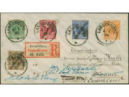 1890, Krone/Adler 25 und 5 Pfg. in Mischfrankatur mit Ausgabe 1896/99 2 P. auf 3 Pfg., 5 P. auf 10 Pfg. und 10 P. auf 20 Pfg.