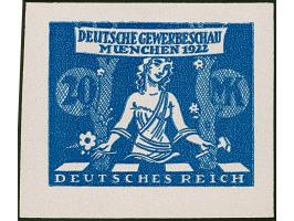 1922, Gewerbeschau München 20 Mark, sieben verschiedenfarbige ungezähnte Essays im Großformat auf Kunstdruckpapier ohne Gummi