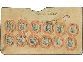 1854, 1st Printing 4 a. pale red &amp; blue, 12 singles from all positions of the sheet, all cut to shape, cancelled or tied 
