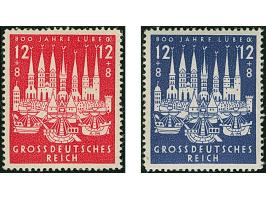 1943, 800 Jahre Hansestadt Lübeck 12 Pfg. als gezähnte Probedrucke in Karminrot bzw. Blauviolett, postfrisch, ein Wert mit Gu