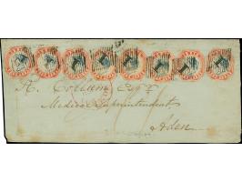 1854, 4th Printing 4 a. red &amp; blue, 8 singles, cut to shape, tied by diamond "1" with adjacend red "BOMBAY B.P.P." to ope